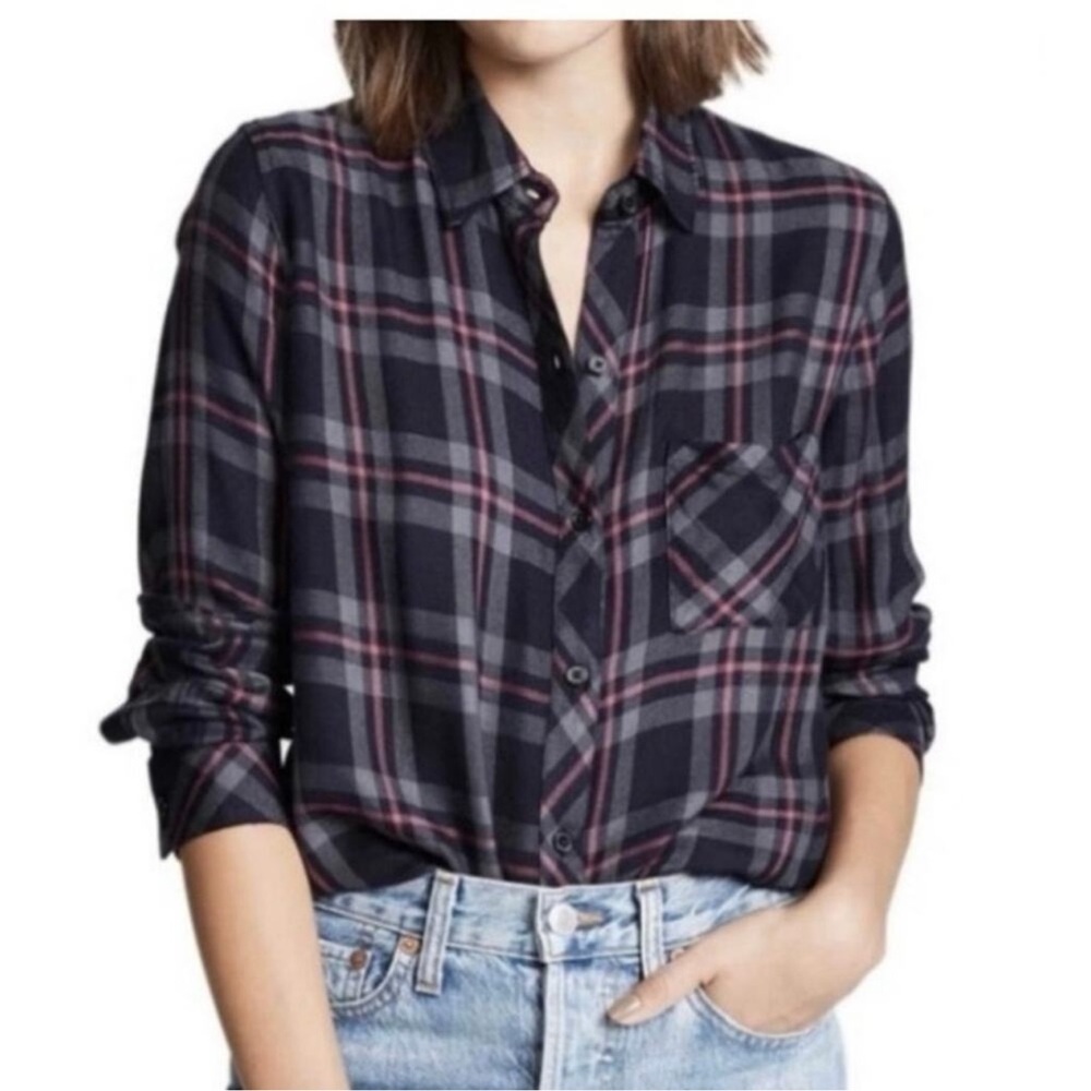 Dee Elle ANTHRO medium black maroon plaid flannel button up blouse long sleeve